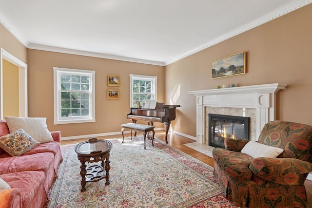 10636 Purdey Rd, Eden Prairie, MN 55347 - living room with wood finished floors, a fireplace, and crown molding