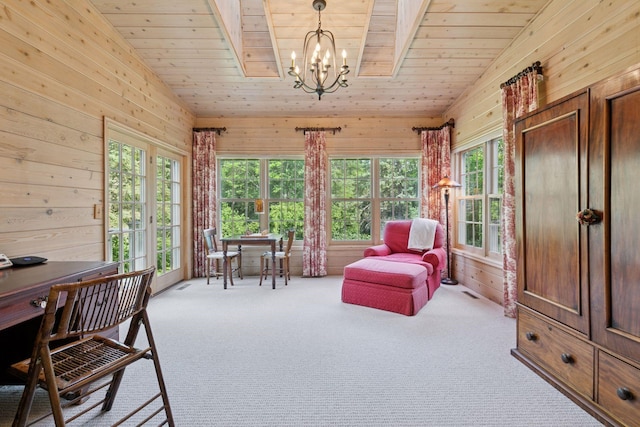 10636 Purdey Rd, Eden Prairie, MN 55347 - sitting room with wooden walls, carpet, a chandelier, wooden ceiling, and vaulted ceiling