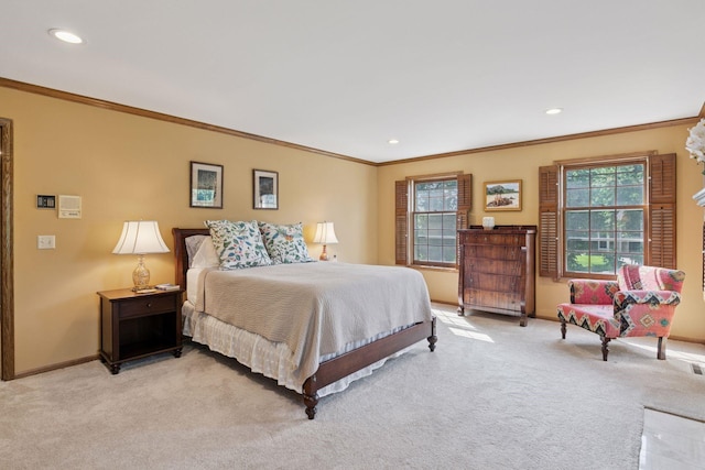 10636 Purdey Rd, Eden Prairie, MN 55347 - bedroom featuring light carpet, ornamental molding, and recessed lighting