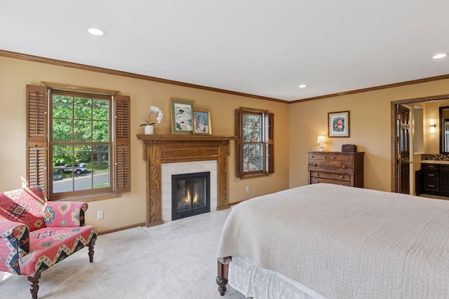 10636 Purdey Rd, Eden Prairie, MN 55347 - bedroom featuring carpet flooring, multiple windows, crown molding, recessed lighting, and a glass covered fireplace