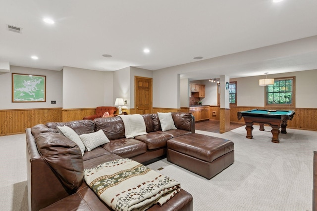 10636 Purdey Rd, Eden Prairie, MN 55347 - living room featuring wainscoting, wooden walls, light carpet, pool table, and recessed lighting