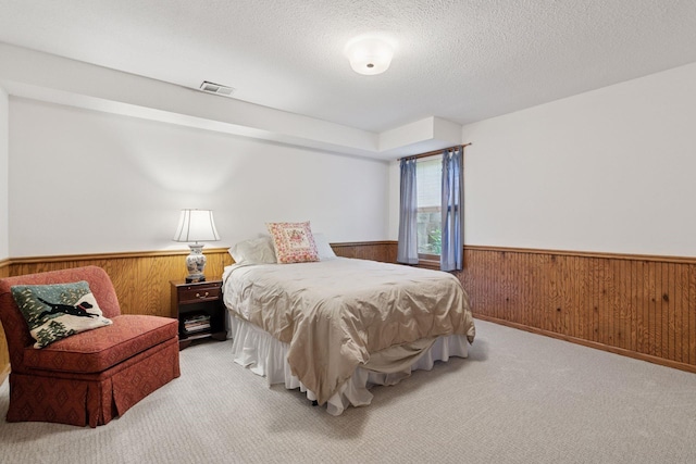 10636 Purdey Rd, Eden Prairie, MN 55347 - carpeted bedroom with wainscoting, wood walls, and a textured ceiling