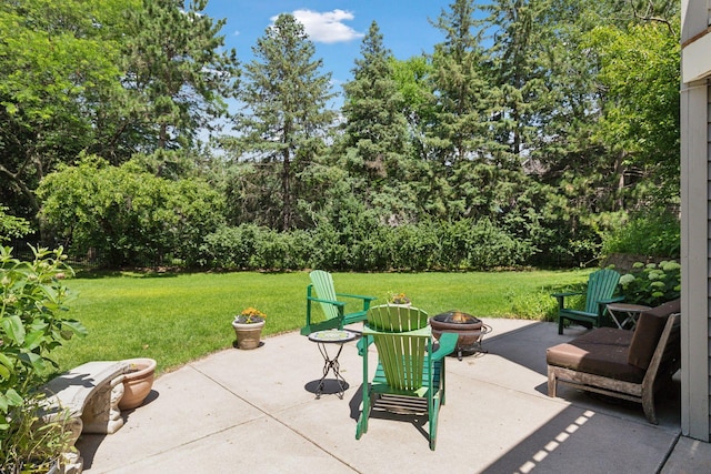 10636 Purdey Rd, Eden Prairie, MN 55347 - view of patio / terrace featuring an outdoor fire pit and view of scattered trees