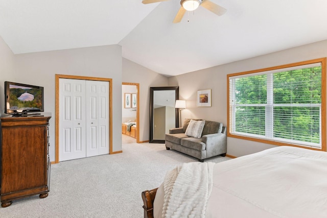 2061 Langston Ln NE, Saint Michael, MN 55376 - carpeted bedroom featuring lofted ceiling, a ceiling fan, a closet, and connected bathroom