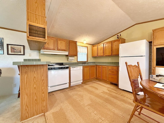 45568 213th Ln, Aitkin, MN 56431 - kitchen featuring white appliances, a textured ceiling, under cabinet range hood, vaulted ceiling, and light wood finished floors