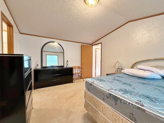 45568 213th Ln, Aitkin, MN 56431 - bedroom with vaulted ceiling, ornamental molding, light colored carpet, and a textured ceiling