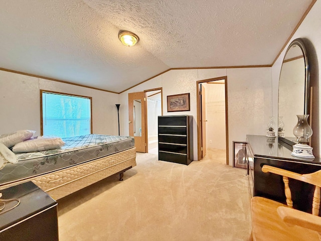 45568 213th Ln, Aitkin, MN 56431 - bedroom featuring light colored carpet, lofted ceiling, ornamental molding, a spacious closet, and a textured ceiling