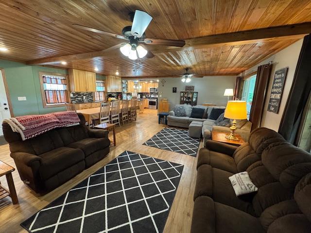 14717 State 210, Stowe Prairie Twp, MN 56453 - living area with wooden ceiling, ceiling fan, and light wood finished floors