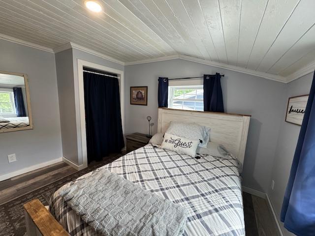 14717 State 210, Stowe Prairie Twp, MN 56453 - bedroom featuring wood finished floors, crown molding, lofted ceiling, wood ceiling, and a closet