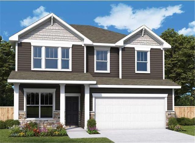 craftsman house featuring a garage, driveway, stone siding, and roof with shingles