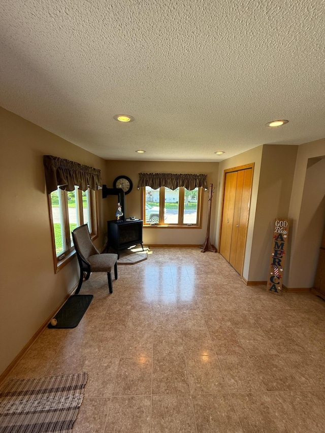 411 Vernon Ave, Morgan, MN 56266 - living area featuring a wood stove, healthy amount of natural light, a textured ceiling, and recessed lighting