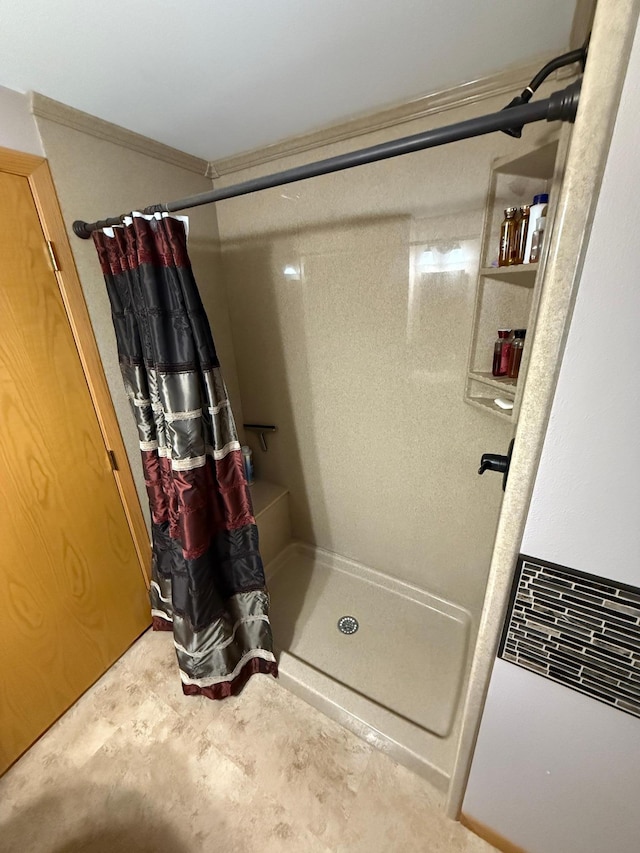 411 Vernon Ave, Morgan, MN 56266 - full bath featuring a shower with shower curtain and concrete floors