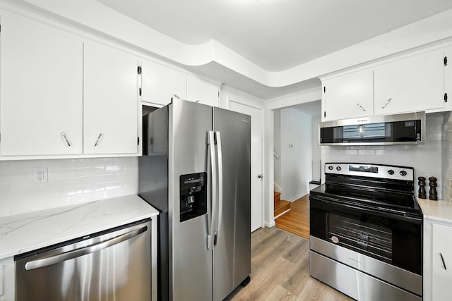 1464 Kent St, Saint Paul, MN 55117 - kitchen with appliances with stainless steel finishes, white cabinets, tasteful backsplash, and light wood finished floors