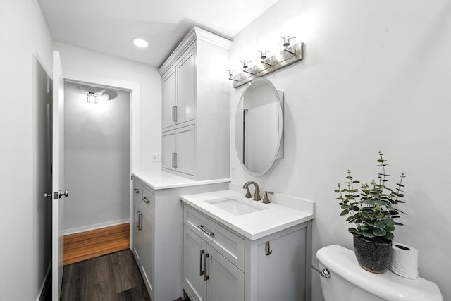 1464 Kent St, Saint Paul, MN 55117 - bathroom with vanity, wood finished floors, and recessed lighting