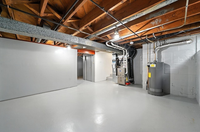 1464 Kent St, Saint Paul, MN 55117 - unfinished basement with gas water heater, heating unit, and concrete block wall