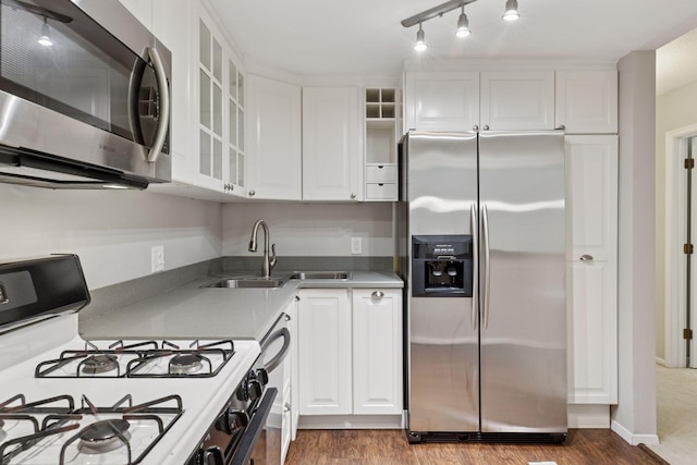 6650 Vernon Ave S Unit 111, Edina, MN 55436 - kitchen featuring stainless steel appliances, white cabinets, glass insert cabinets, and wood finished floors