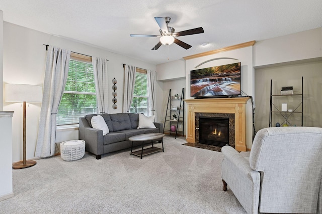 8356 Townsend Dr, Eden Prairie, MN 55344 - living room with carpet, ceiling fan, and a high end fireplace
