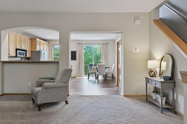 8356 Townsend Dr, Eden Prairie, MN 55344 - carpeted living room with arched walkways and baseboards