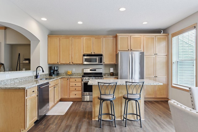 8356 Townsend Dr, Eden Prairie, MN 55344 - kitchen with appliances with stainless steel finishes, light brown cabinetry, dark wood-style floors, light stone countertops, and recessed lighting
