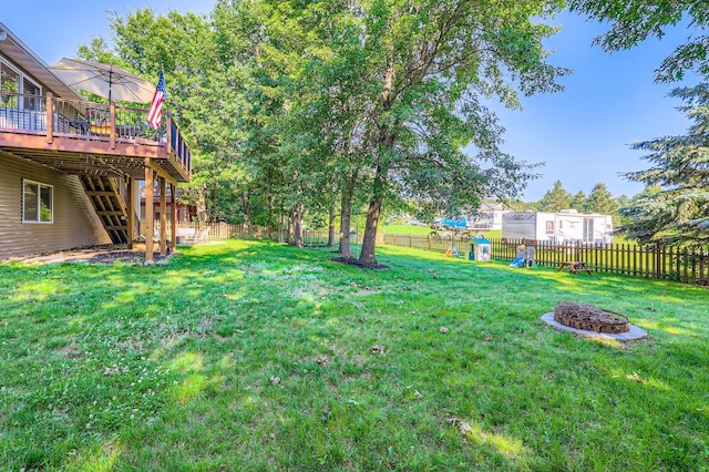 40224 Golden Way, North Branch, MN 55056 - fenced backyard featuring a deck, a fire pit, and stairway