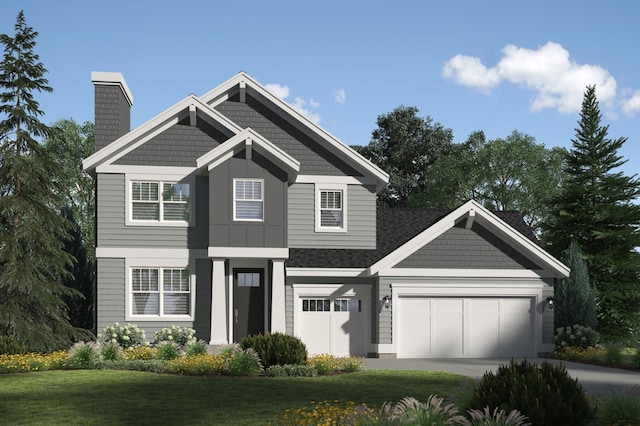 2885 Trinity Dr, Shakopee, MN 55379 - craftsman house with a chimney, a front lawn, an attached garage, concrete driveway, and board and batten siding