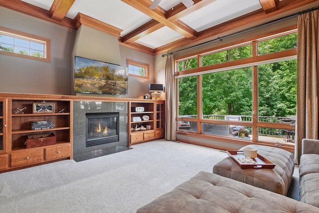 15208 Fairway Heights Rd NW, Prior Lake, MN 55372 - living area featuring a fireplace, carpet, coffered ceiling, beamed ceiling, and ornamental molding