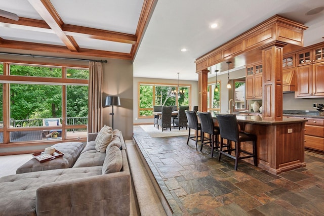 15208 Fairway Heights Rd NW, Prior Lake, MN 55372 - bar area with recessed lighting, stone tile floors, hanging light fixtures, and beam ceiling