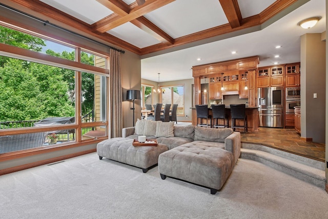 15208 Fairway Heights Rd NW, Prior Lake, MN 55372 - living area with recessed lighting, beam ceiling, coffered ceiling, dark colored carpet, and crown molding