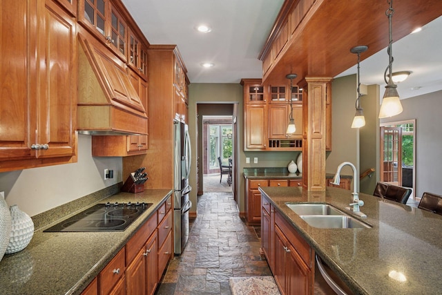 15208 Fairway Heights Rd NW, Prior Lake, MN 55372 - kitchen featuring stainless steel appliances, stone tile flooring, custom exhaust hood, brown cabinetry, and recessed lighting