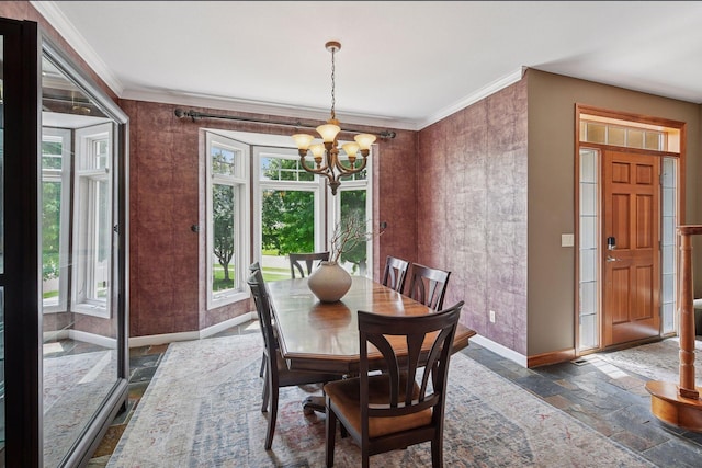 15208 Fairway Heights Rd NW, Prior Lake, MN 55372 - dining room featuring stone tile flooring, healthy amount of natural light, a chandelier, and crown molding