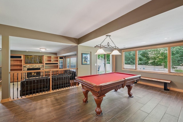 15208 Fairway Heights Rd NW, Prior Lake, MN 55372 - rec room featuring wood finished floors, a fireplace, and billiards table