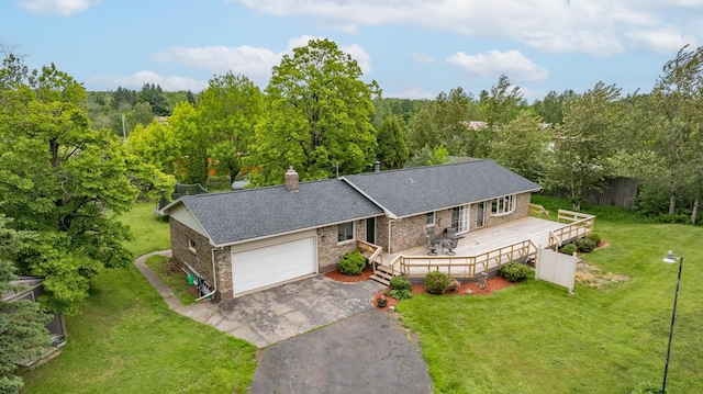 5510 Thompson Hill Rd, Proctor, MN 55810 - ranch-style house featuring driveway, a garage, a front lawn, brick siding, and a wooden deck