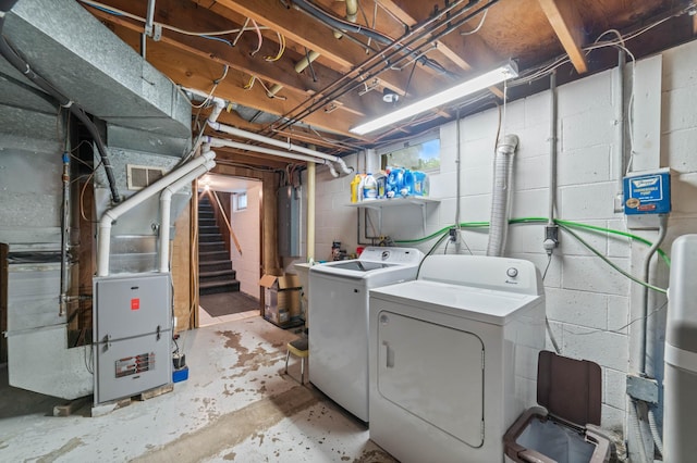 5510 Thompson Hill Rd, Proctor, MN 55810 - unfinished below grade area featuring washing machine and clothes dryer, stairs, electric panel, and heating unit