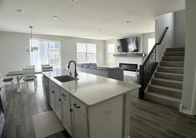 7628 Carla Path, Inver Grove Heights, MN 55076 - kitchen with a glass covered fireplace, dark wood-type flooring, plenty of natural light, light countertops, and a textured ceiling