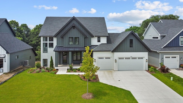 9612 Iron Horse Rd, Woodbury, MN 55129 - modern farmhouse style home featuring board and batten siding, an attached garage, concrete driveway, roof with shingles, and a front lawn