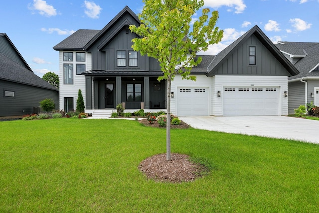9612 Iron Horse Rd, Woodbury, MN 55129 - modern farmhouse style home featuring board and batten siding, driveway, a front lawn, a garage, and a standing seam roof