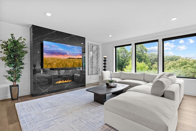 9612 Iron Horse Rd, Woodbury, MN 55129 - living area with a premium fireplace, wood finished floors, and recessed lighting