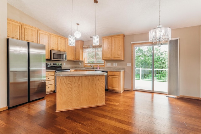 307 Hayden Lake Rd W, Champlin, MN 55316 - kitchen featuring stainless steel appliances, light brown cabinets, dark wood-style flooring, plenty of natural light, and vaulted ceiling
