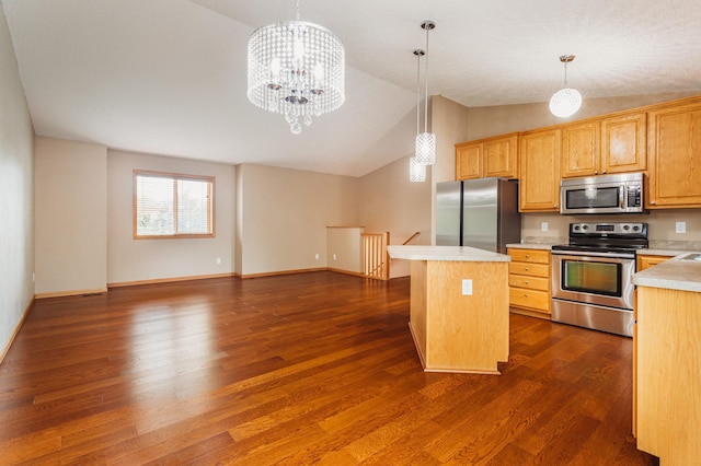 307 Hayden Lake Rd W, Champlin, MN 55316 - kitchen with stainless steel appliances, light countertops, a center island, dark wood-type flooring, and a chandelier