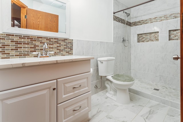 307 Hayden Lake Rd W, Champlin, MN 55316 - full bath featuring vanity, a tile shower, marble finish floors, and tile walls