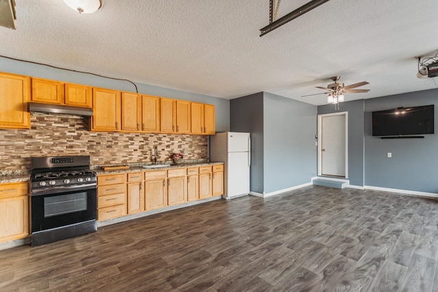 307 Hayden Lake Rd W, Champlin, MN 55316 - kitchen with gas range, under cabinet range hood, freestanding refrigerator, tasteful backsplash, and dark wood-type flooring