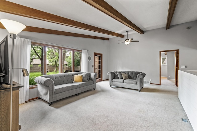 11542 Xavis St NW, Coon Rapids, MN 55433 - living area featuring carpet floors, a ceiling fan, and beam ceiling