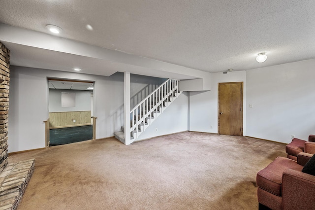 11542 Xavis St NW, Coon Rapids, MN 55433 - unfurnished living room with carpet, stairway, a textured ceiling, and a wainscoted wall