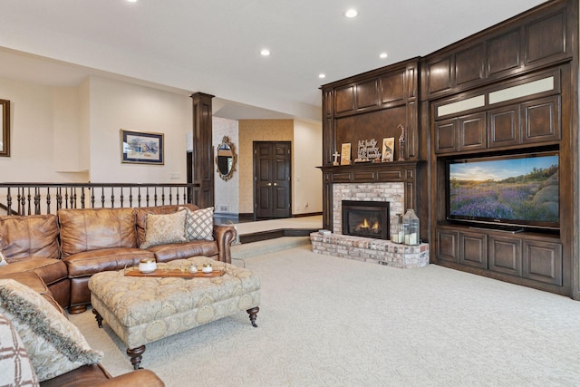 10 Apple Orchard Ct, Dellwood, MN 55110 - carpeted living room featuring recessed lighting, a fireplace, and ornate columns