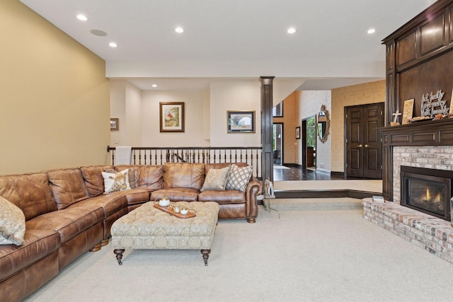 10 Apple Orchard Ct, Dellwood, MN 55110 - living room with recessed lighting, carpet floors, ornate columns, and a fireplace