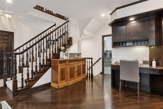 10 Apple Orchard Ct, Dellwood, MN 55110 - interior space featuring washer and dryer, dark wood-type flooring, recessed lighting, and built in desk