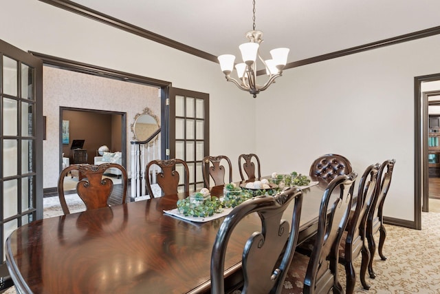 10 Apple Orchard Ct, Dellwood, MN 55110 - dining space featuring a chandelier, ornamental molding, light colored carpet, and french doors
