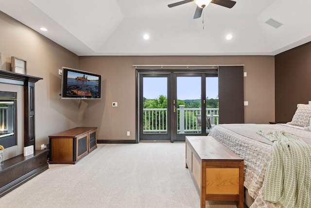 10 Apple Orchard Ct, Dellwood, MN 55110 - bedroom featuring access to outside, light carpet, recessed lighting, lofted ceiling, and ceiling fan