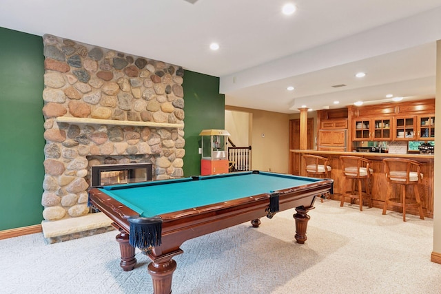 10 Apple Orchard Ct, Dellwood, MN 55110 - rec room featuring wet bar, light colored carpet, recessed lighting, billiards, and a stone fireplace