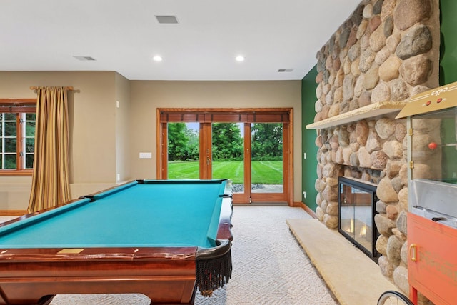 10 Apple Orchard Ct, Dellwood, MN 55110 - recreation room featuring carpet floors, billiards, a fireplace, and recessed lighting
